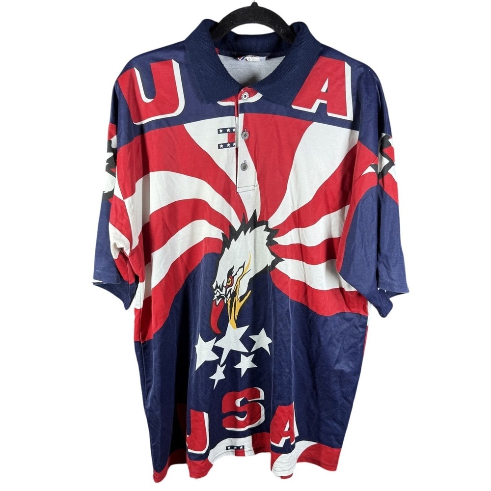 Red Ox Polo Shirt Mens XL Red‎ White Blue USA Eagle All Over Print